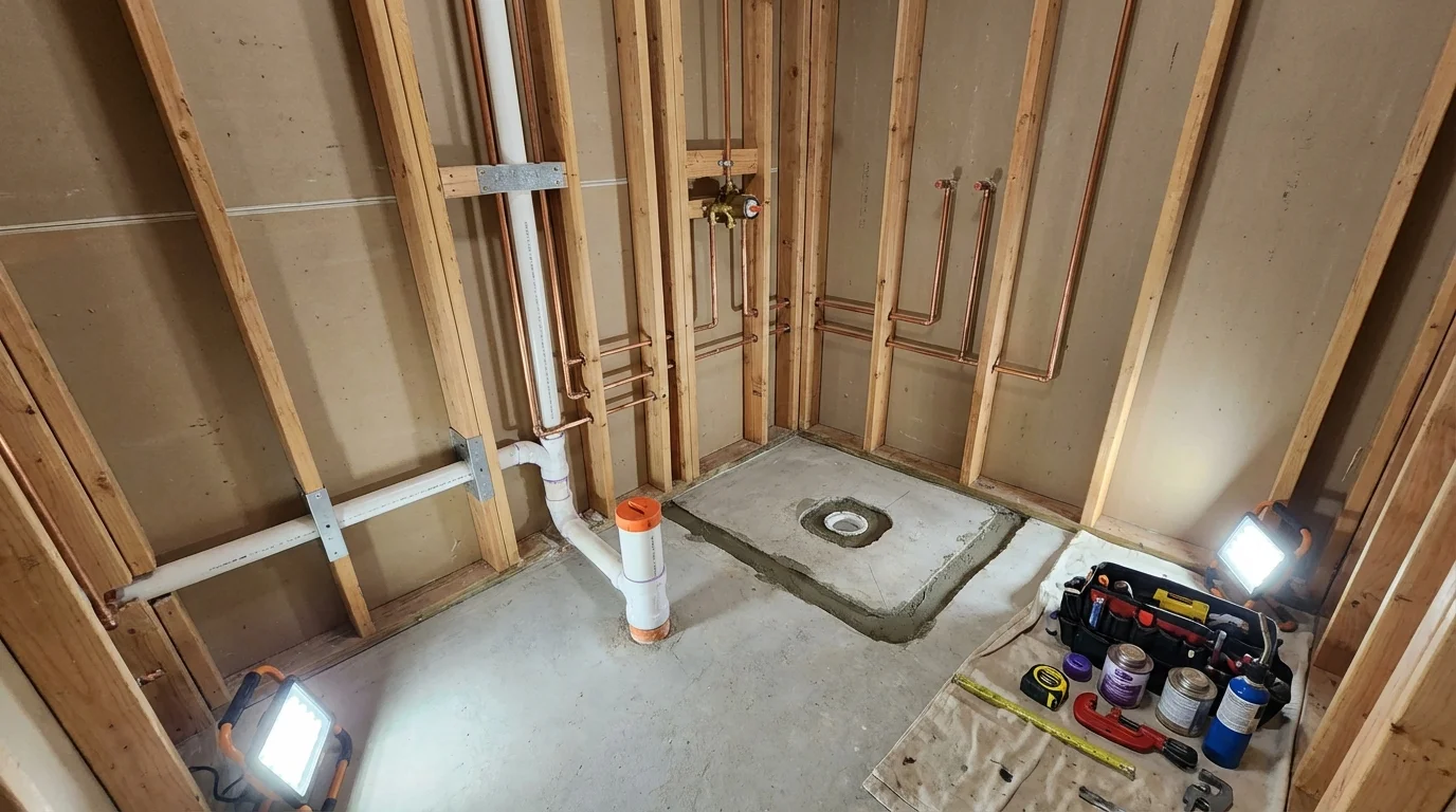 Bathroom rough-in plumbing during remodel by Johns Plumbing LLC in Paia