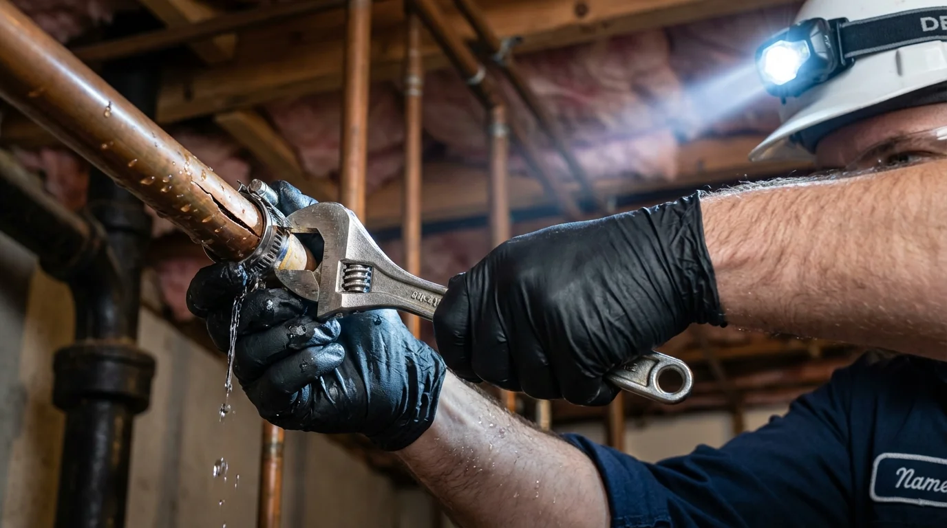 Emergency pipe clamp repair being performed by a Johns Plumbing LLC plumber in Paia