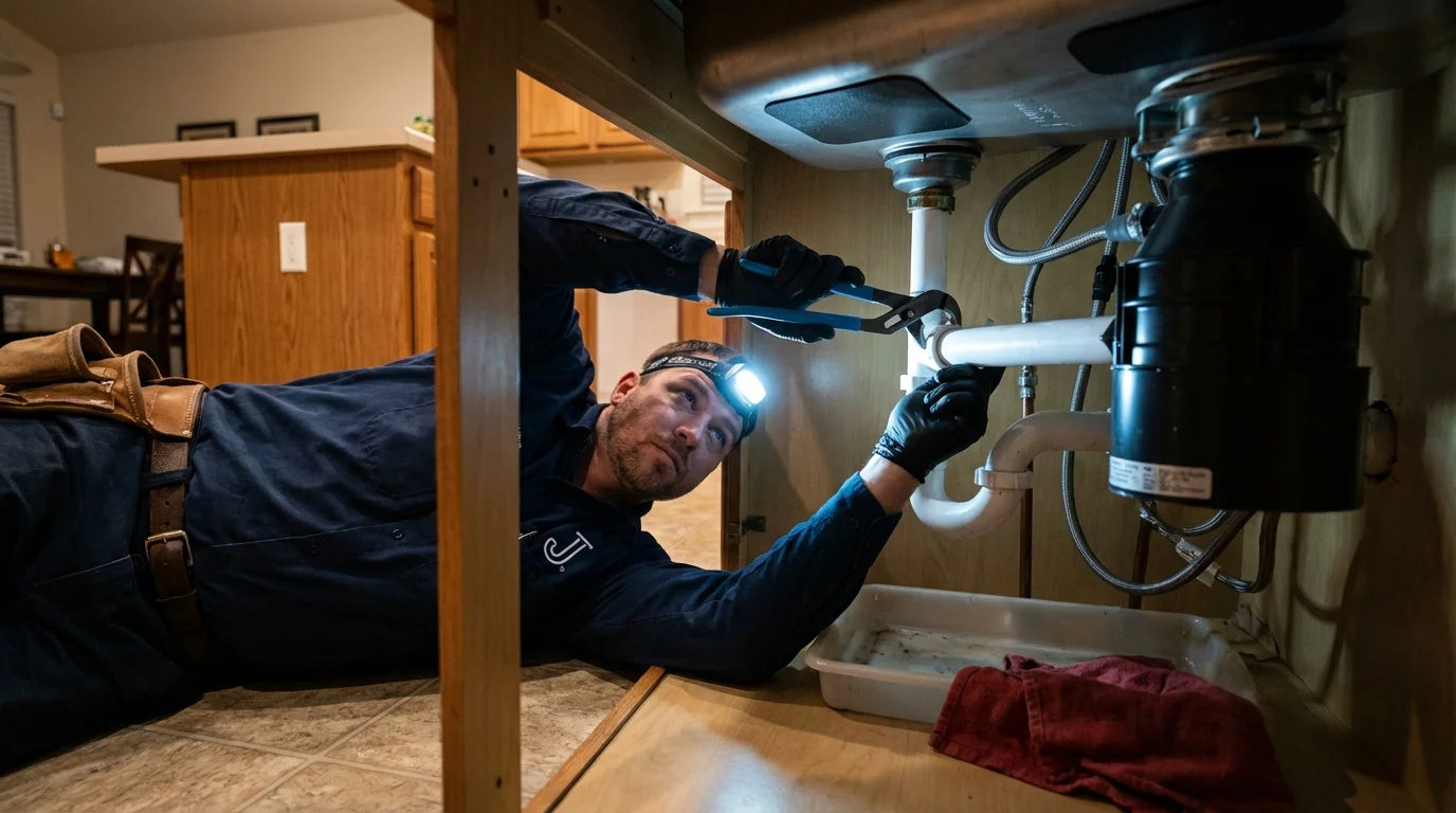 P-trap and supply line connections under a kitchen sink showing a common leak point in Paia, HI